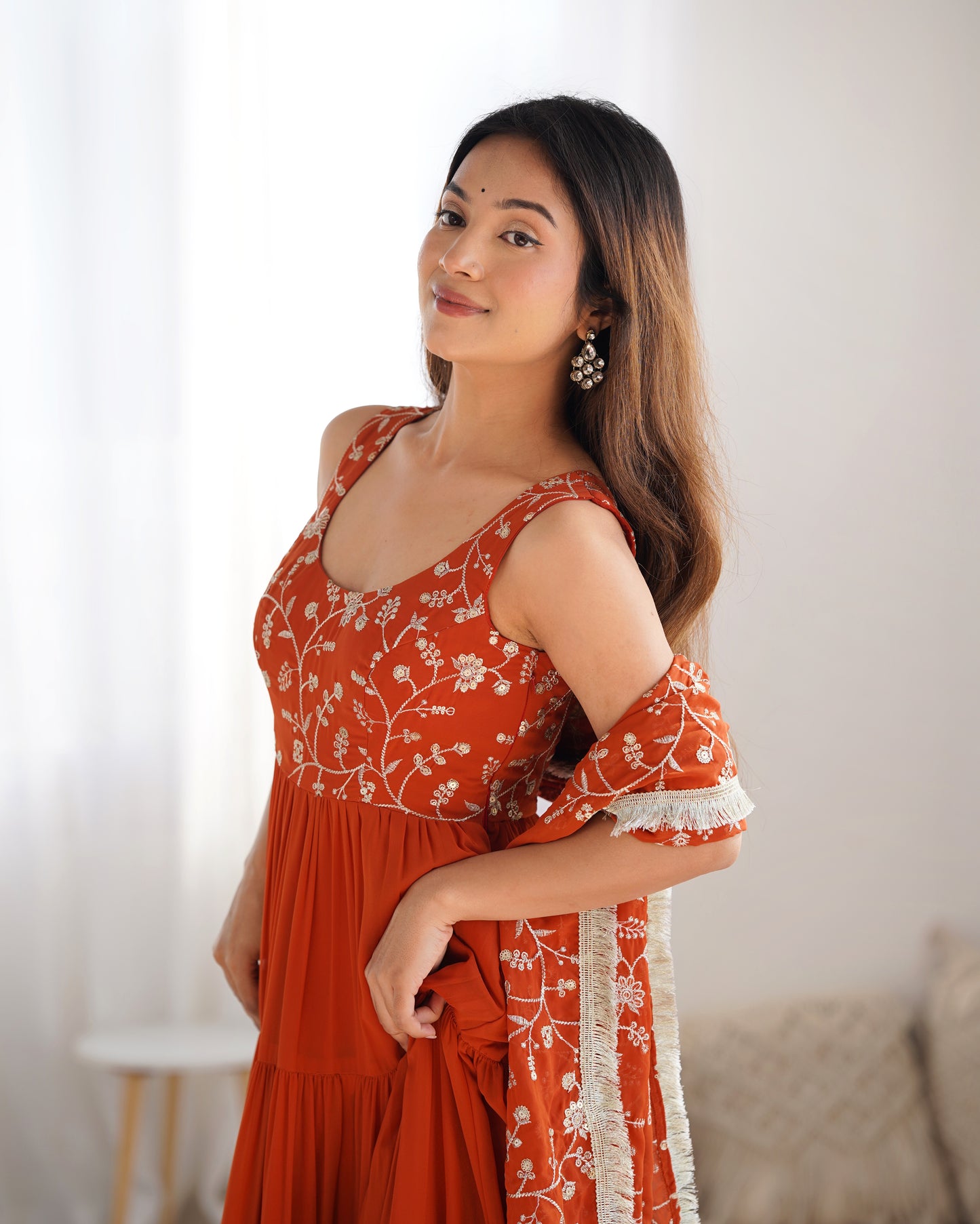 Rust Orange Tiered Anarkali Gown with Embroidered Bodice & Matching Dupatta