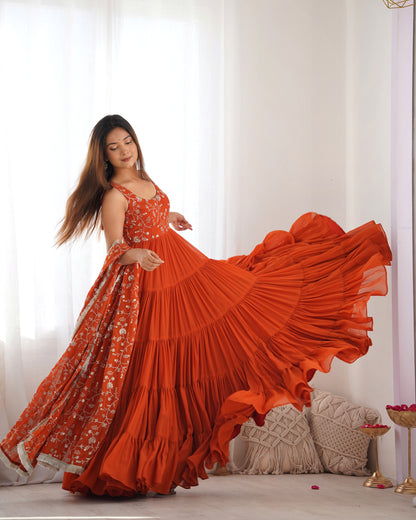 Rust Orange Tiered Anarkali Gown with Embroidered Bodice & Matching Dupatta
