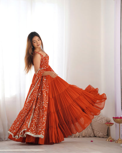 Rust Orange Tiered Anarkali Gown with Embroidered Bodice & Matching Dupatta