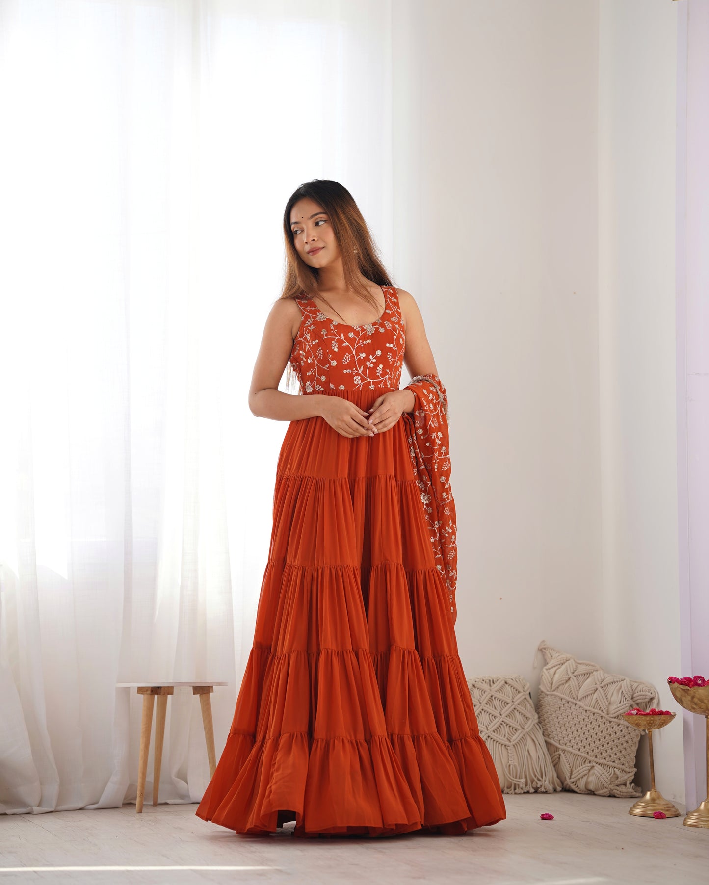 Rust Orange Tiered Anarkali Gown with Embroidered Bodice & Matching Dupatta