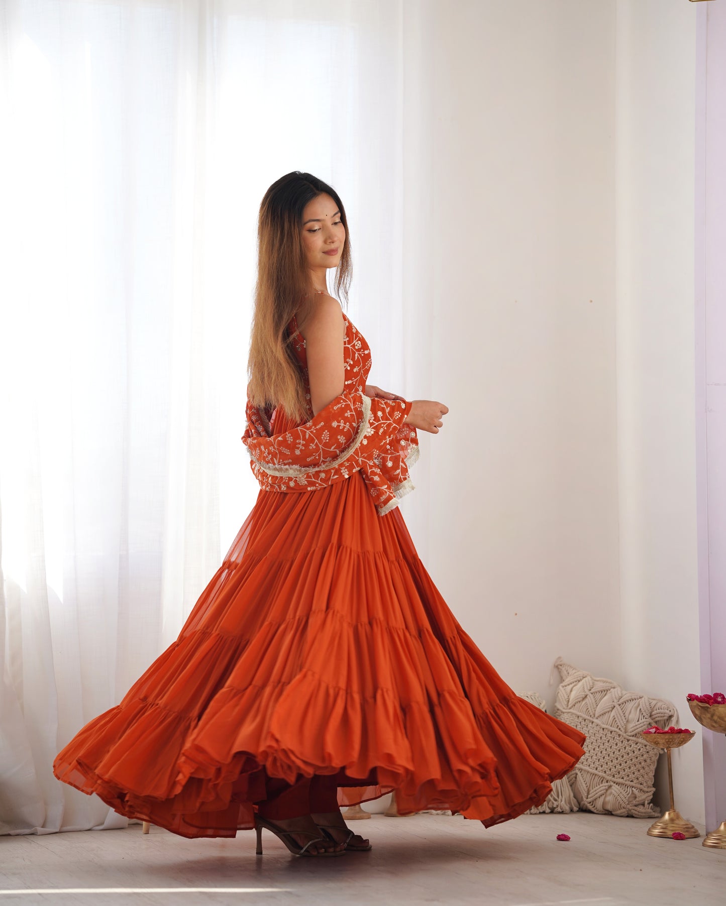 Rust Orange Tiered Anarkali Gown with Embroidered Bodice & Matching Dupatta