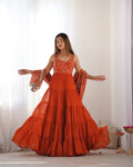 Rust Orange Tiered Anarkali Gown with Embroidered Bodice & Matching Dupatta