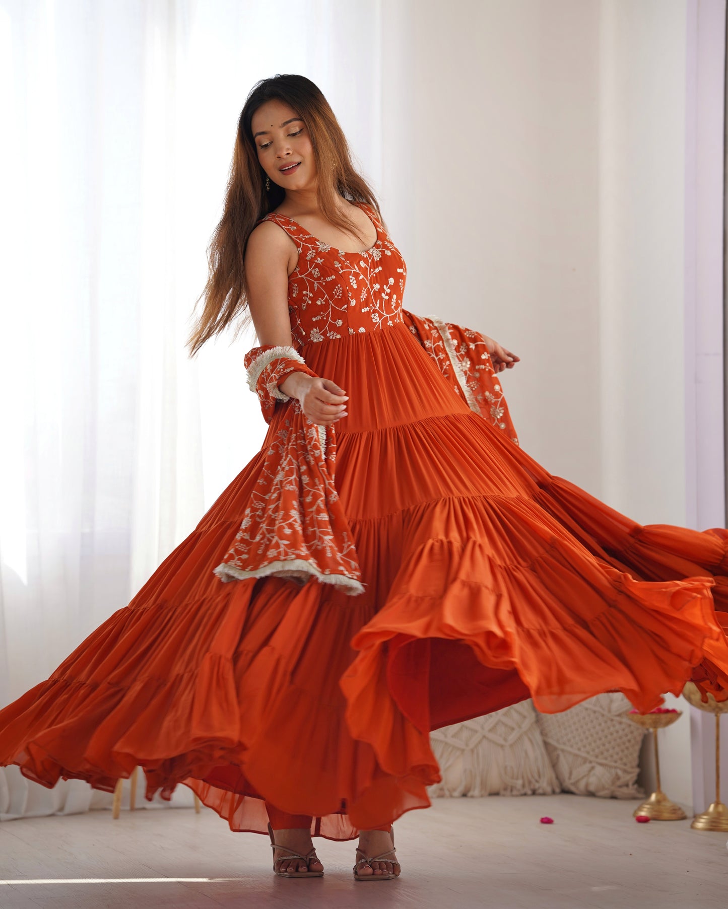 Rust Orange Tiered Anarkali Gown with Embroidered Bodice & Matching Dupatta