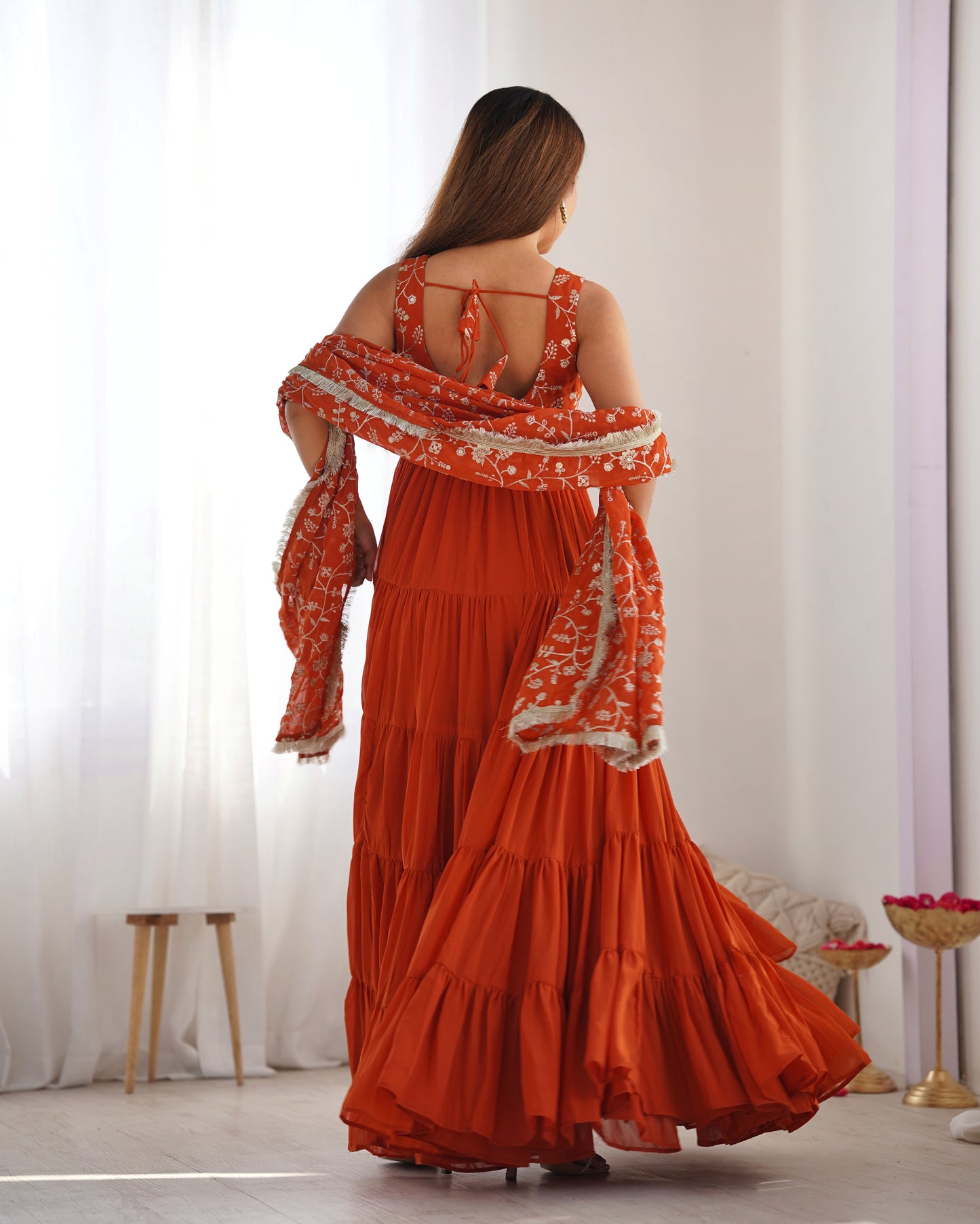 Rust Orange Tiered Anarkali Gown with Embroidered Bodice & Matching Dupatta