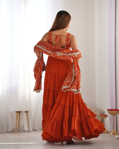 Rust Orange Tiered Anarkali Gown with Embroidered Bodice & Matching Dupatta