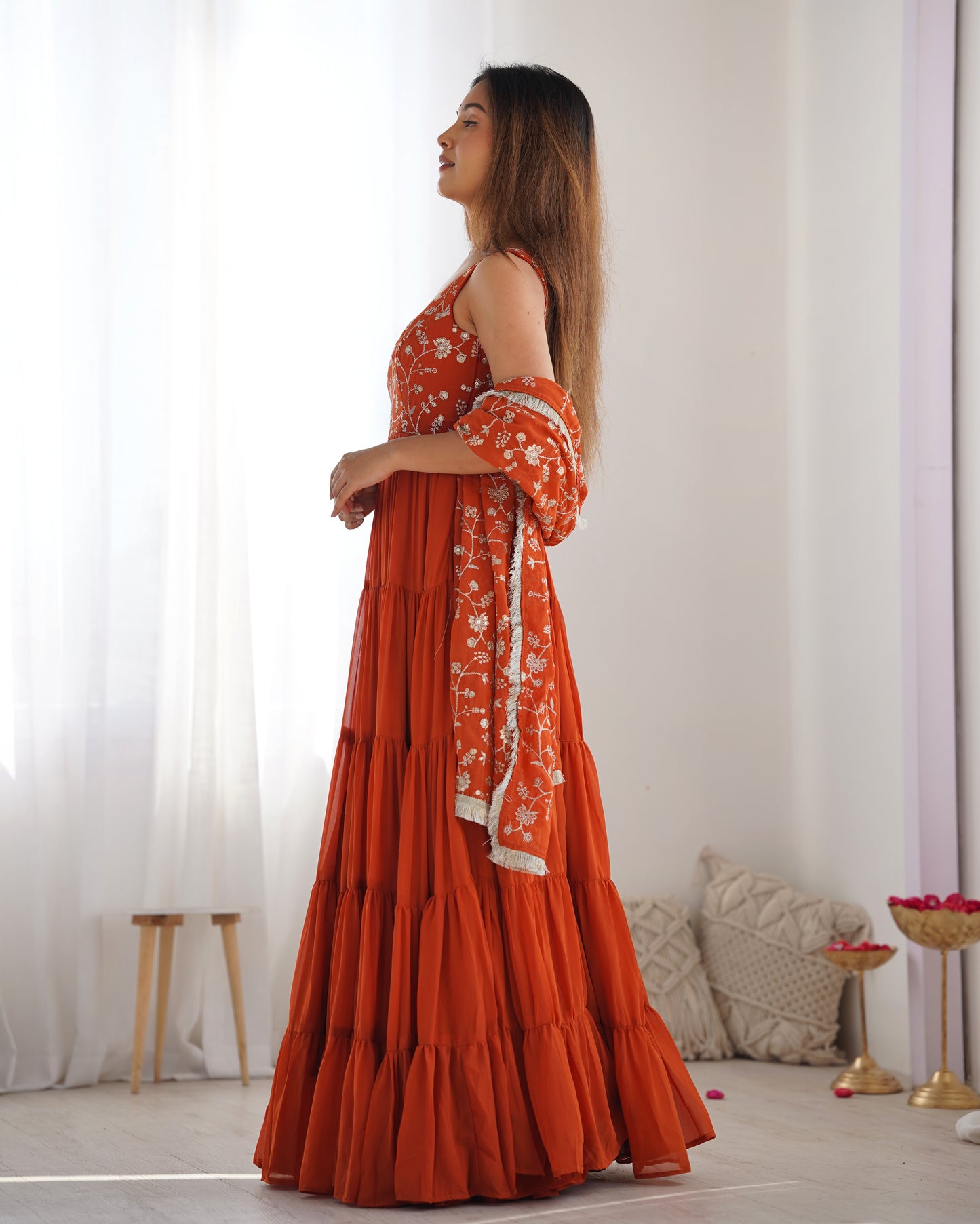 Rust Orange Tiered Anarkali Gown with Embroidered Bodice & Matching Dupatta