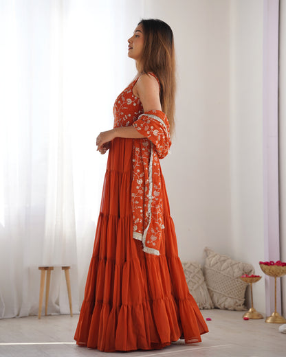 Rust Orange Tiered Anarkali Gown with Embroidered Bodice & Matching Dupatta