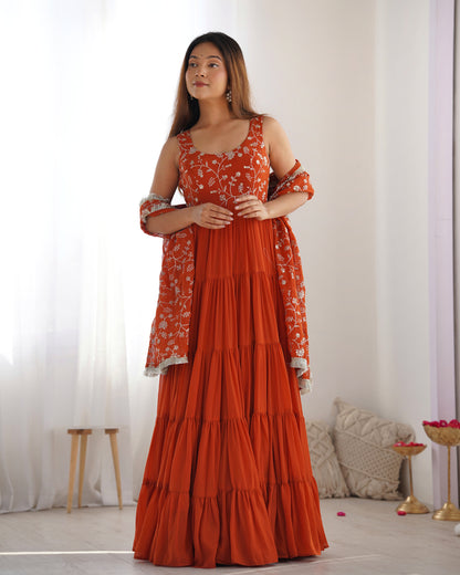 Rust Orange Tiered Anarkali Gown with Embroidered Bodice & Matching Dupatta