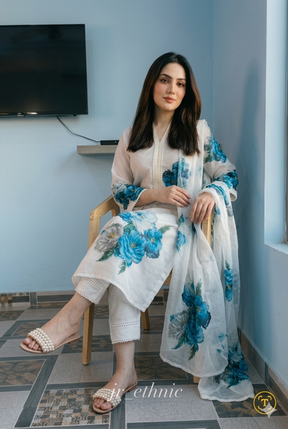 Elegant White Floral Printed Linen Cotton Suit Set with Dupatta