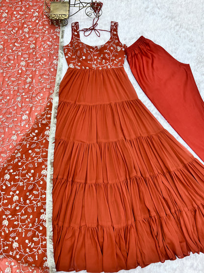 Rust Orange Tiered Anarkali Gown with Embroidered Bodice & Matching Dupatta