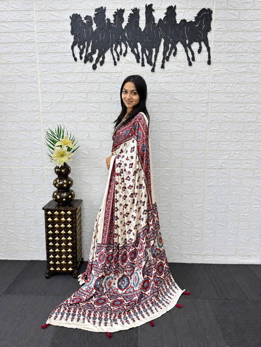 The Ivory Radiance Premium Japan Satin Silk Mirror Work Saree