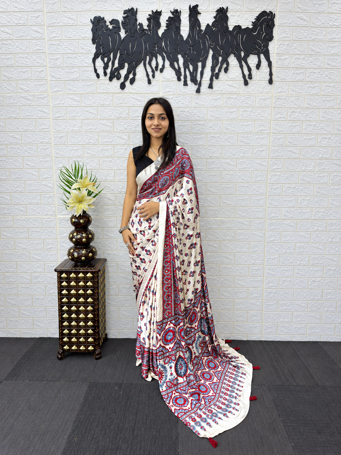 The Ivory Radiance Premium Japan Satin Silk Mirror Work Saree