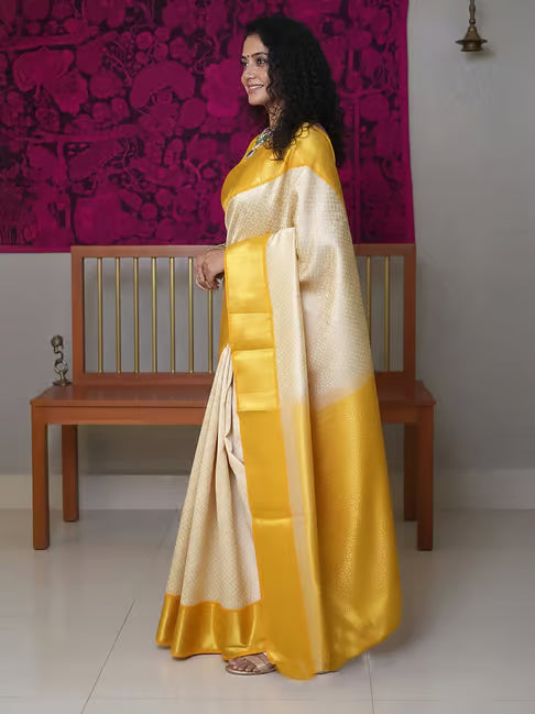 Beige Banarasi Silk Woven Design Saree With Gold Zari Weaving