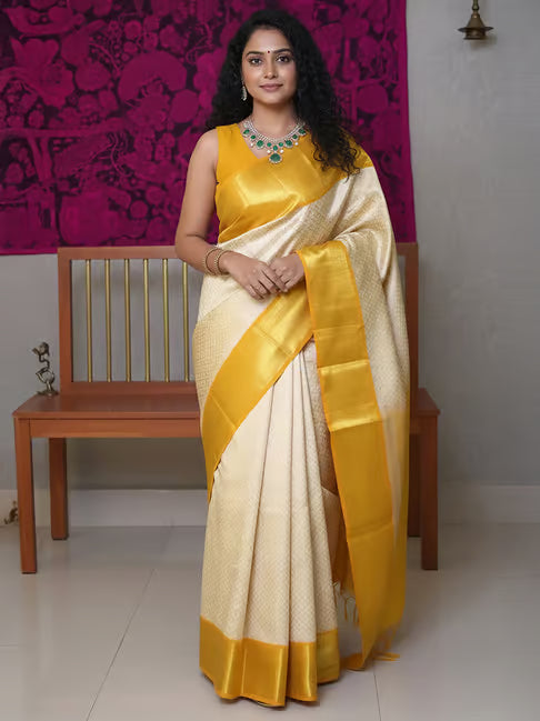 Beige Banarasi Silk Woven Design Saree With Gold Zari Weaving