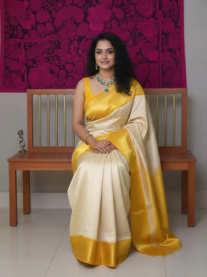 Beige Banarasi Silk Woven Design Saree With Gold Zari Weaving