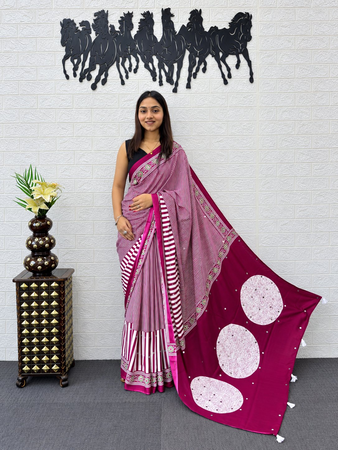 Luxury Berry Magenta Striped Satin Silk Saree