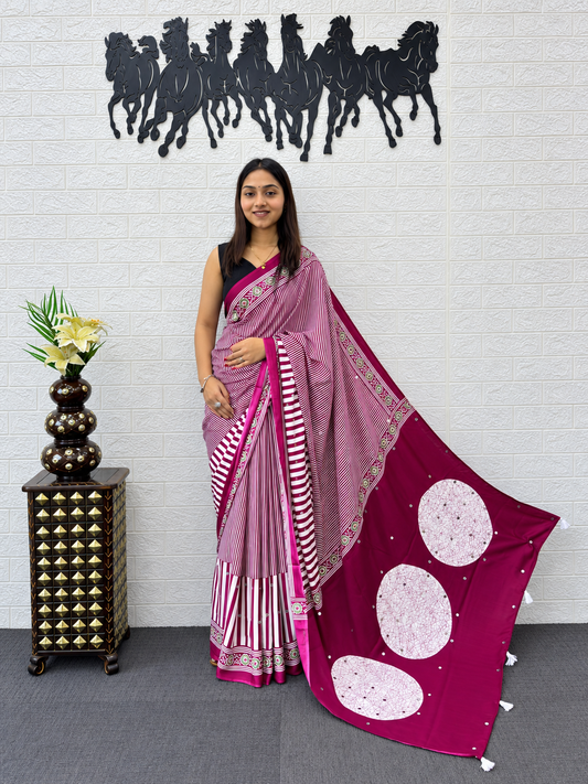 Luxury Berry Magenta Striped Satin Silk Saree