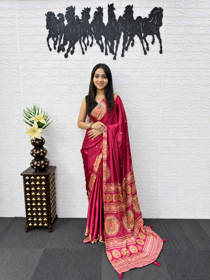 Aadhya  Premium Wine Japan Satin Silk Saree with Heavy Mirror Work & Elegant Viscose Latkan Pallu