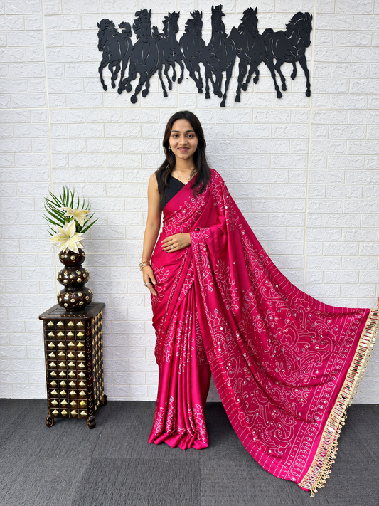 The Bandhej Chronicle Semi Gajji Satin Saree with Peacock Motif Pallu