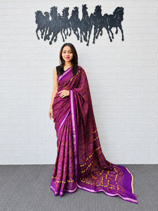 Imperial Violet Traditional Bandhani Lattice Print Heavy Mal Cotton Saree