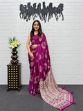 Glamorous Wine Japan Satin Silk Saree with Handcrafted Mirror Work