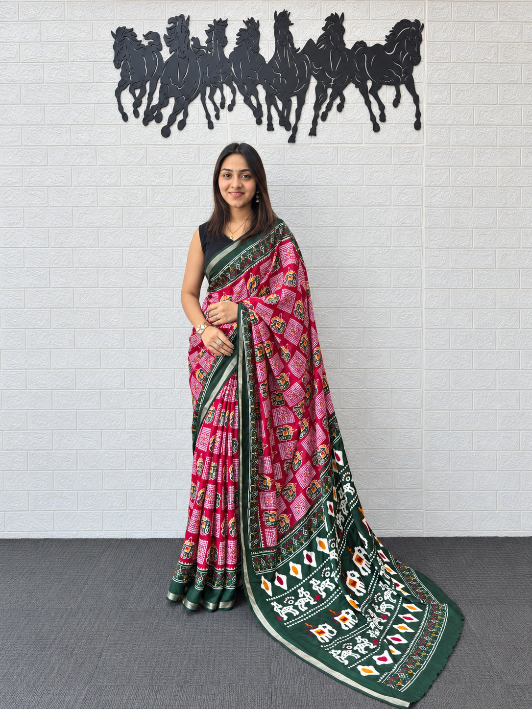 Elegant Maroon Patola Print Saree in Heavy Mall Cotton with Deep Green Traditional Border