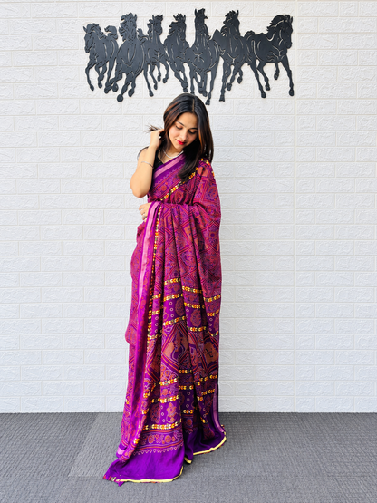 Imperial Violet Traditional Bandhani Lattice Print Heavy Mal Cotton Saree