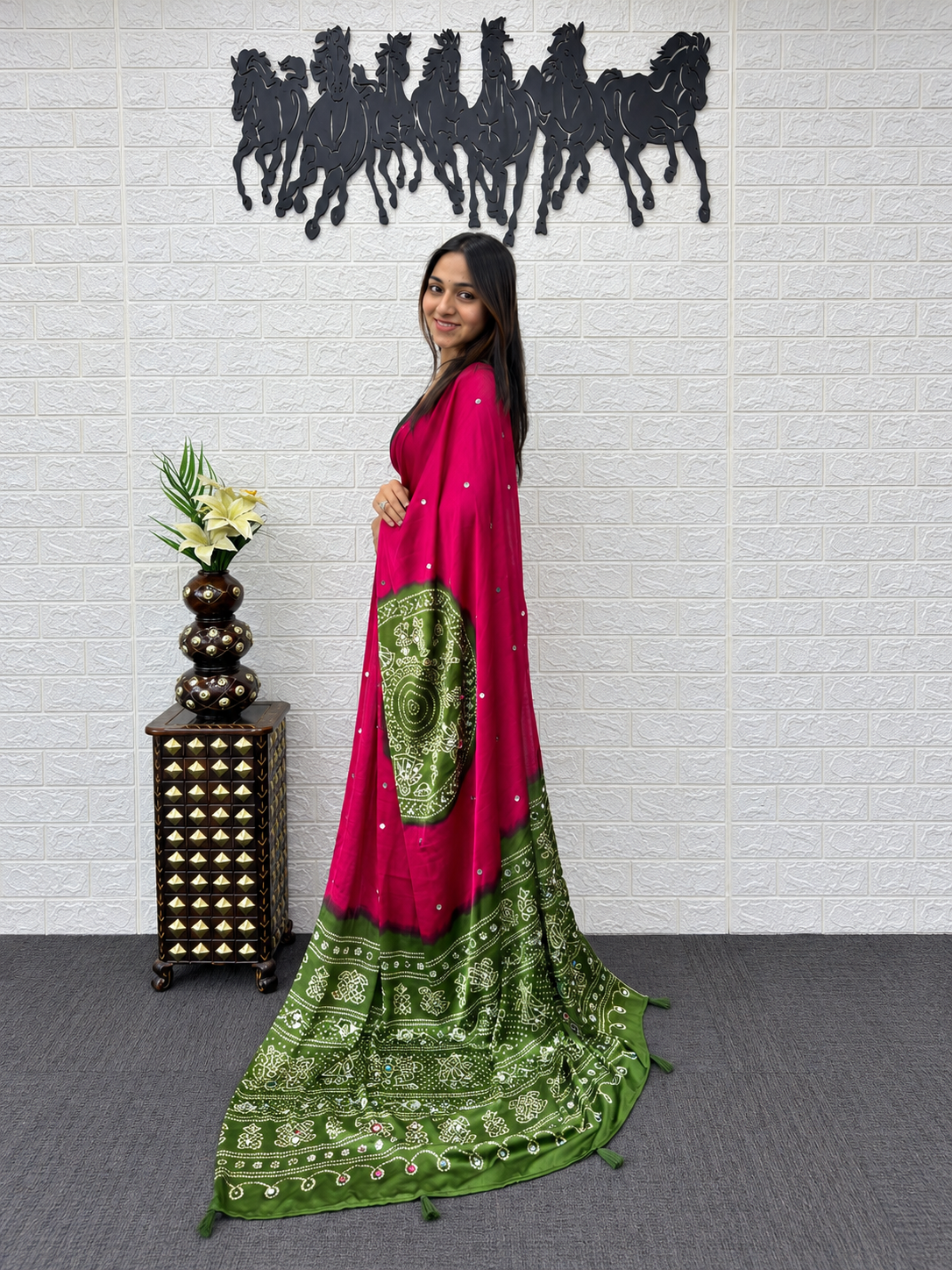 Gulabi Raas Magenta & Olive Japan Satin Silk Mirror Work Saree with Latkan Pallu
