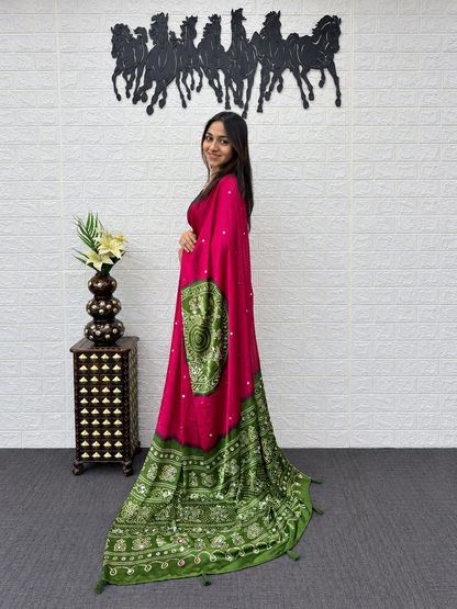 Gulabi Raas Magenta & Olive Japan Satin Silk Mirror Work Saree with Latkan Pallu