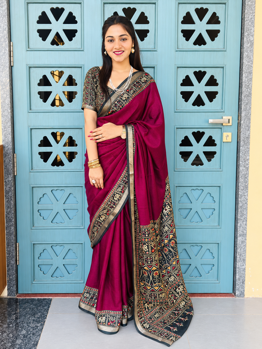 Kadambari Rich Magenta Soft Mul Mul Cotton Silk Saree with Traditional Pen Kalamkari Prints