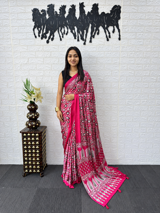 Rosy Radiance Japan Satin Silk Occasion Saree with Heavy Mirror Embellishments and an Ornate Latkan Pallu Border