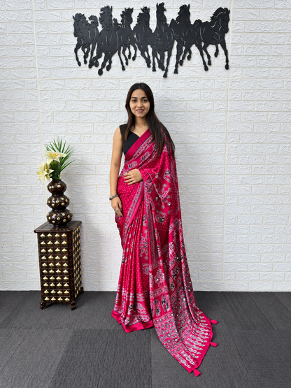 Very Beautiful Pink Japan Silk Saree With Mirror Work