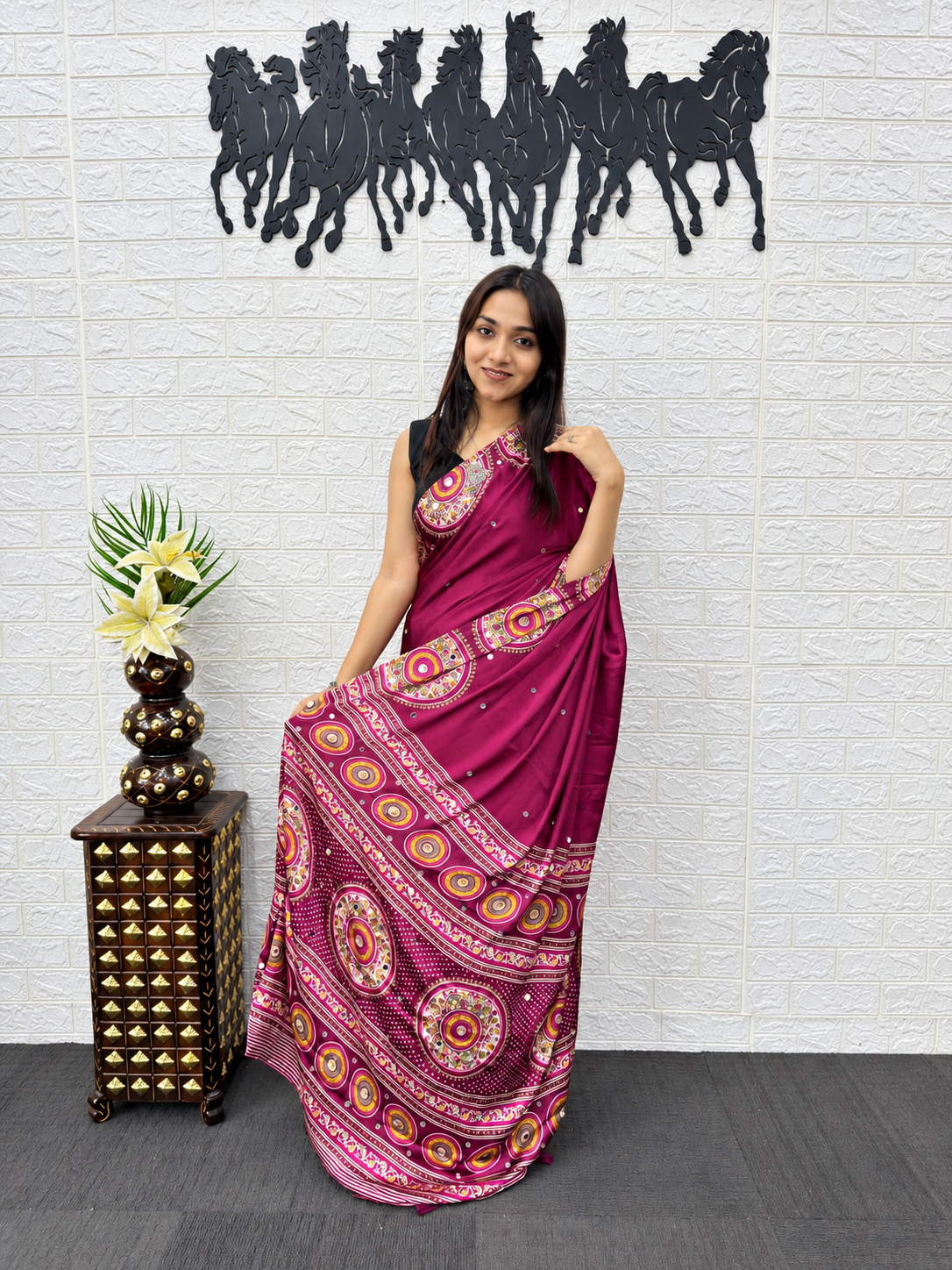 Aanya Royal Wine Japan Satin Silk Saree with Luxurious Mirror Embroidery