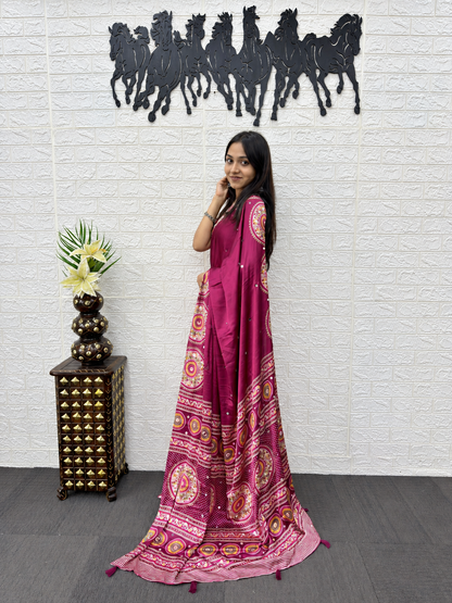 Aanya Royal Wine Japan Satin Silk Saree with Luxurious Mirror Embroidery
