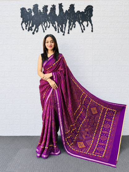 Imperial Violet Traditional Bandhani Lattice Print Heavy Mal Cotton Saree