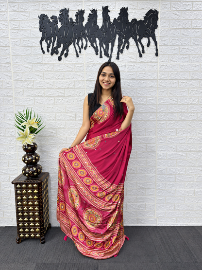 Aadhya  Premium Wine Japan Satin Silk Saree with Heavy Mirror Work & Elegant Viscose Latkan Pallu