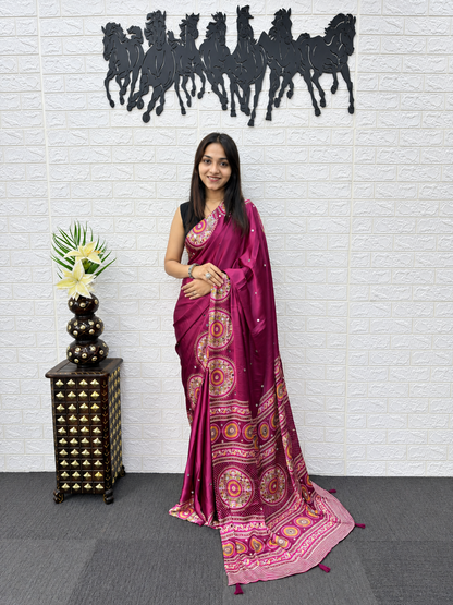 Aanya Royal Wine Japan Satin Silk Saree with Luxurious Mirror Embroidery