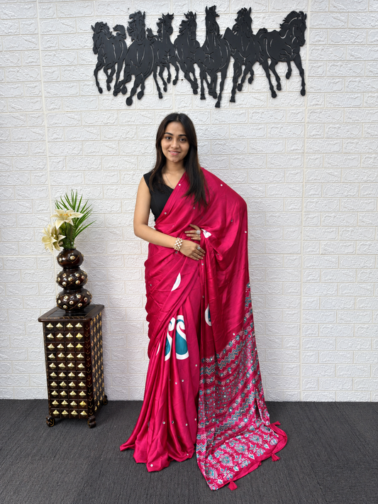 Trending Rani Pink Japan Satin Silk Saree with Heavy Real Mirror Work