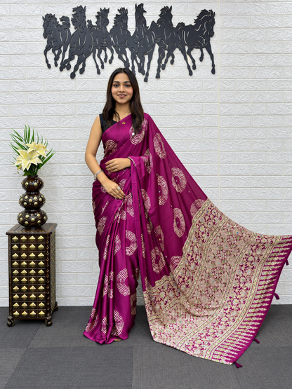 Glamorous Wine Japan Satin Silk Saree with Handcrafted Mirror Work