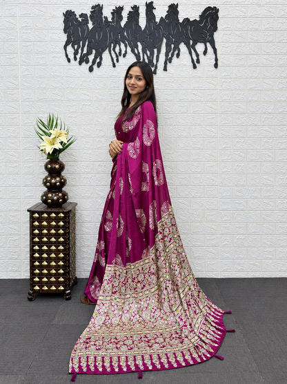 Glamorous Wine Japan Satin Silk Saree with Handcrafted Mirror Work