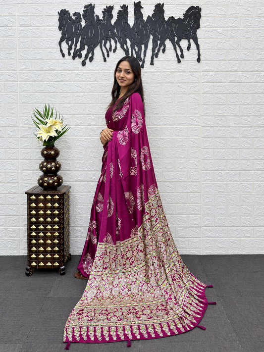 Glamorous Wine Japan Satin Silk Saree with Handcrafted Mirror Work