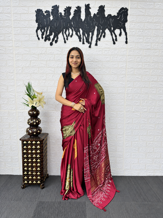 Crimson Grace Japan Satin Silk Saree with Traditional Bandhani Foil Print and Mirror Work Border