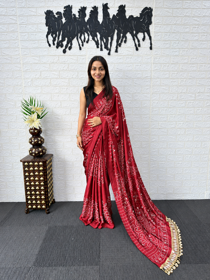 Radha Krishna Festive Bandhani Print Japan Satin Silk Saree