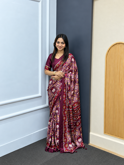 The Imperial Wine Silhouette Luxury Patola Print Japan Satin Saree
