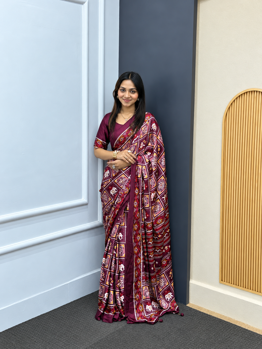 The Imperial Wine Silhouette Luxury Patola Print Japan Satin Saree