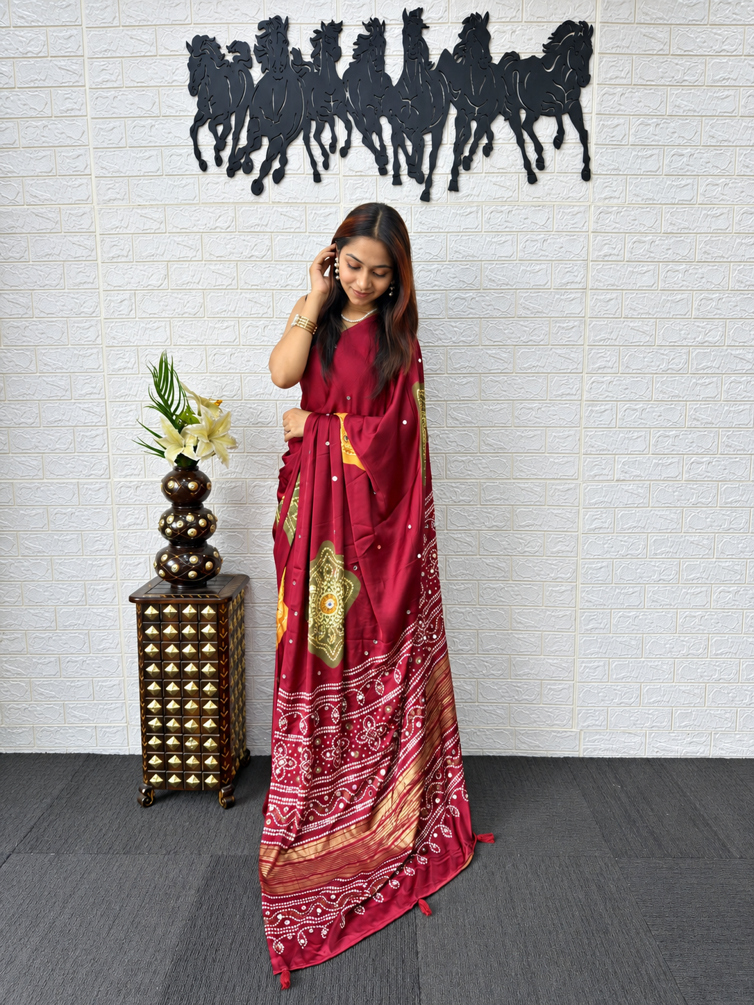 Crimson Grace Japan Satin Silk Saree with Traditional Bandhani Foil Print and Mirror Work Border