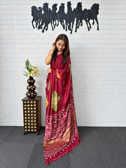 Crimson Grace Japan Satin Silk Saree with Traditional Bandhani Foil Print and Mirror Work Border