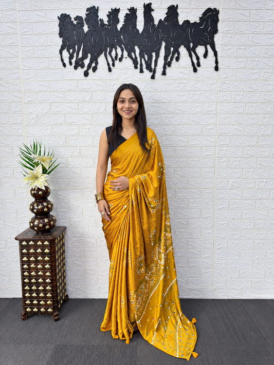 Radiant Mustard Japan Satin Silk Mirror Work Saree