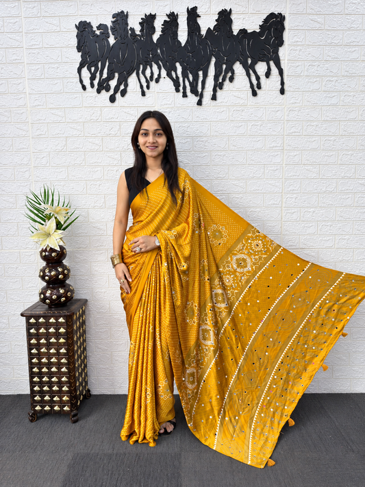 Radiant Mustard Japan Satin Silk Mirror Work Saree