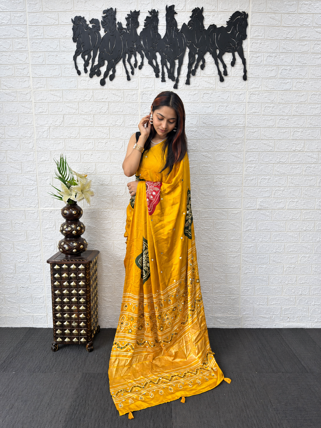 Mustard Glow Japan Satin Silk Saree with Ethnic Bandhani Foil Print and Mirror Work Pallu